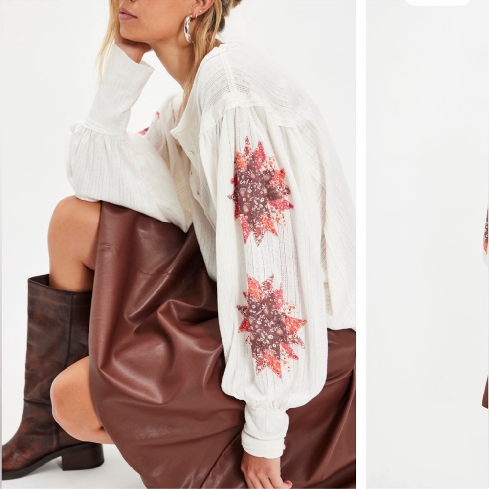 NWT Free People Quinn Quilt Cuff Henley Clean Ivory Combo - Small, medium, large - Picture 2 of 11